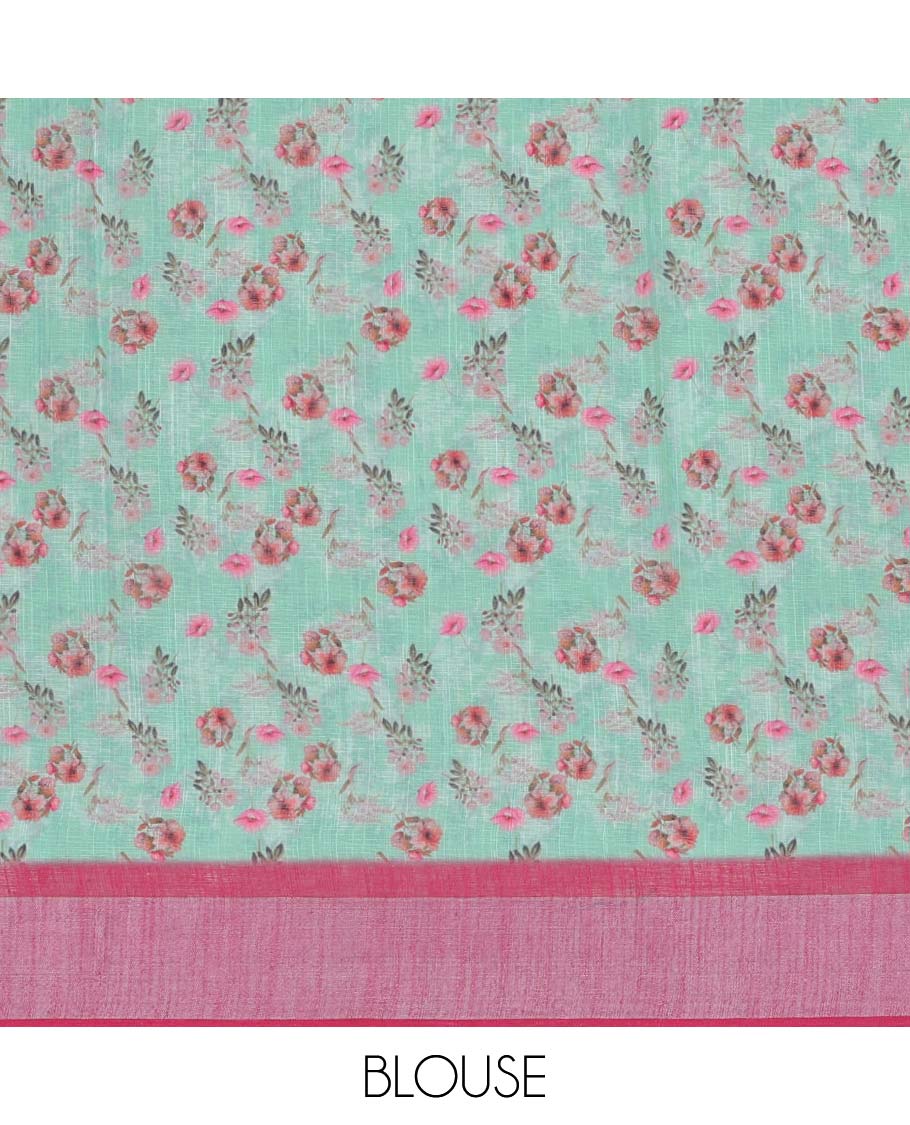 Turquoise floral printed semi-banaras linen saree, contrast border