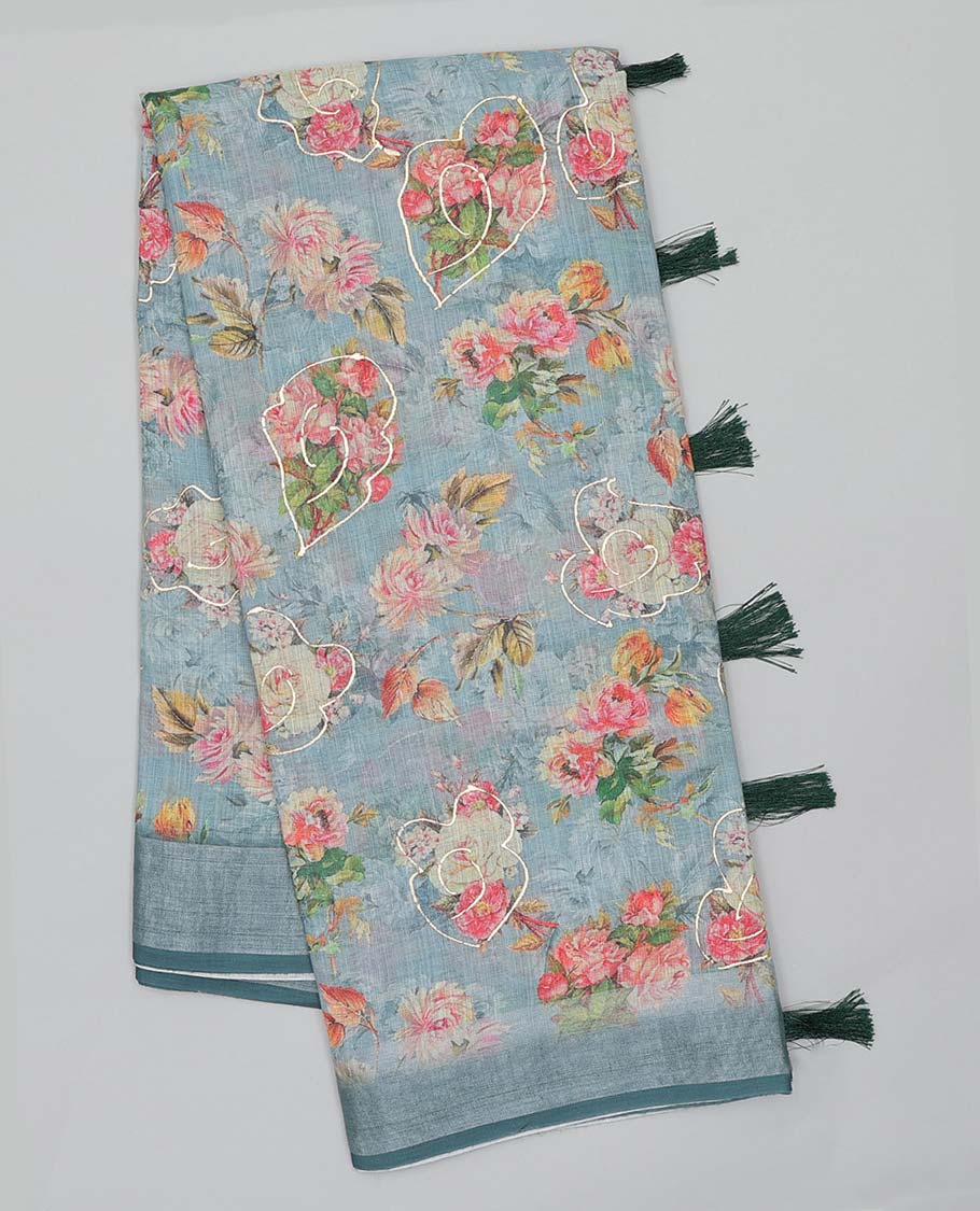 Blue floral printed semi-banaras linen saree, plain border