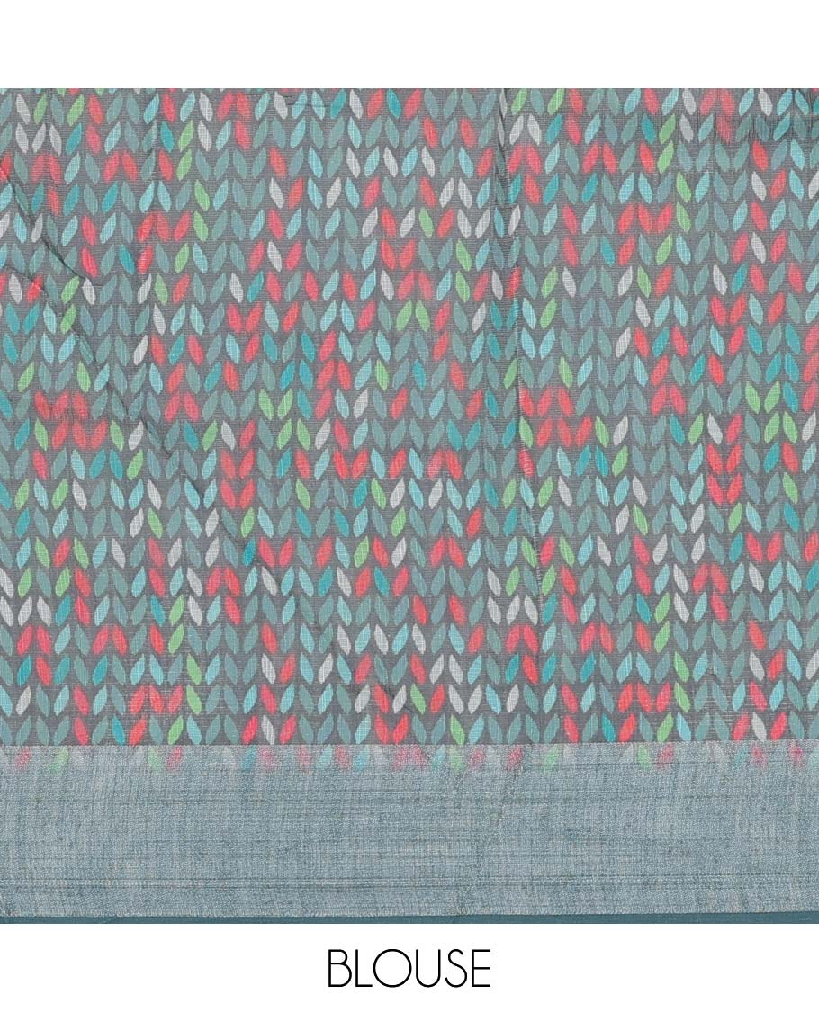 Blue floral printed semi-banaras linen saree, plain border