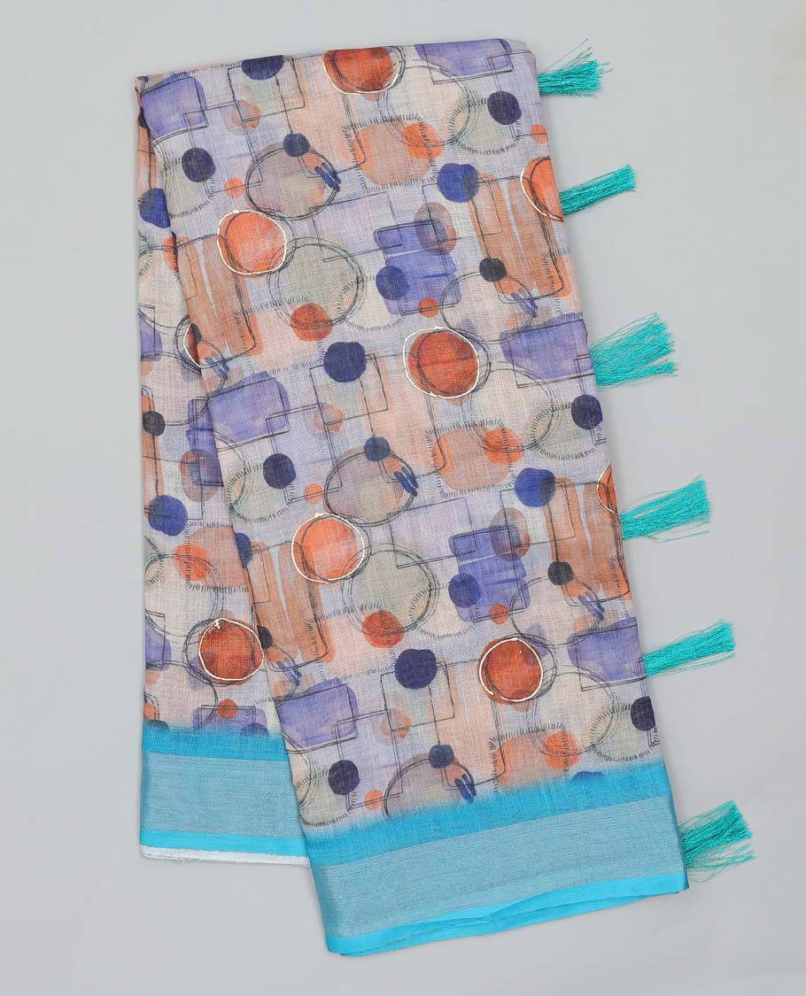 Multi-color geometric printed semi-banaras linen saree, contrast border