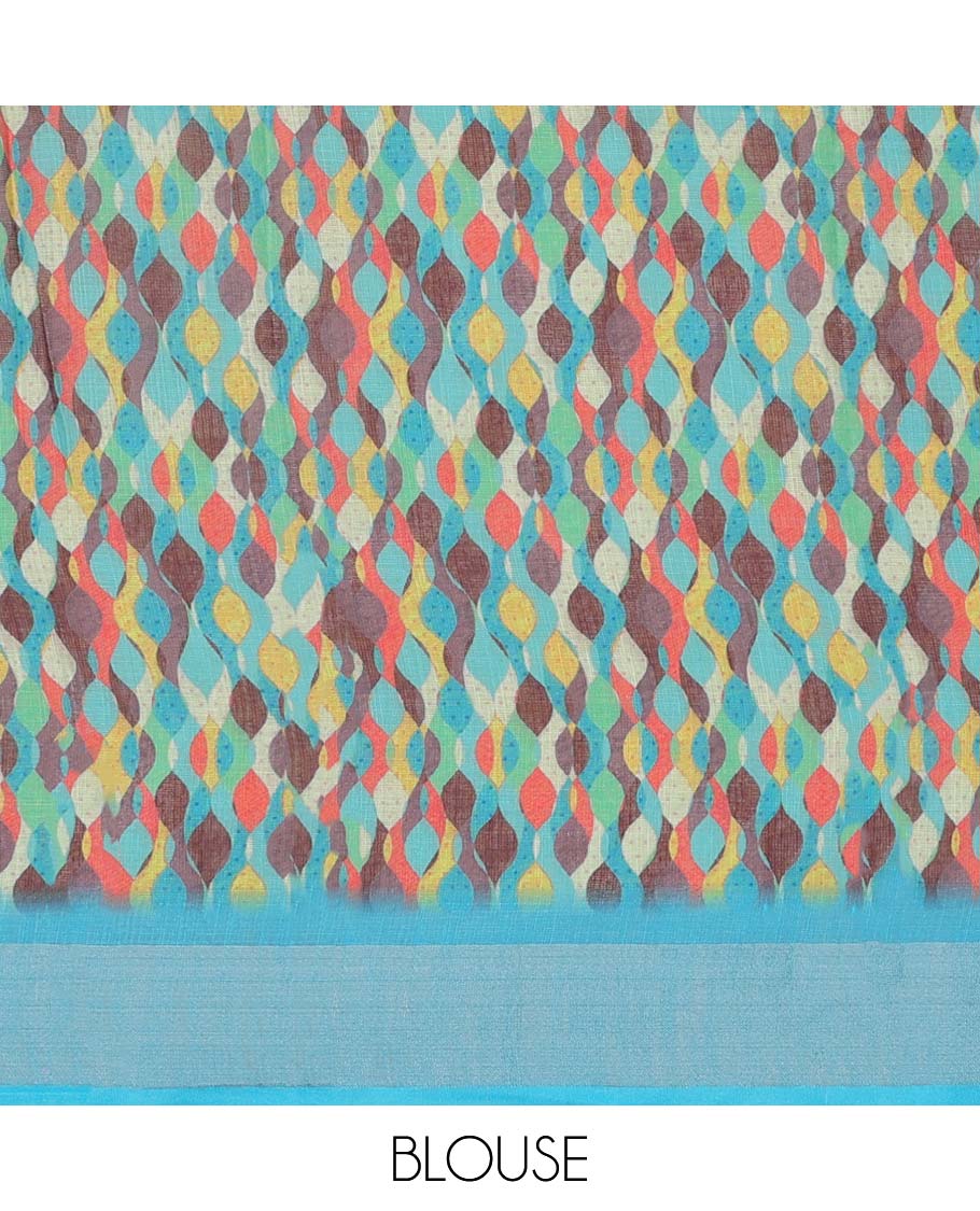 Multi-color geometric printed semi-banaras linen saree, contrast border