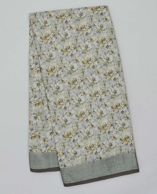 Beige floral printed semi-banaras linen saree, plain border