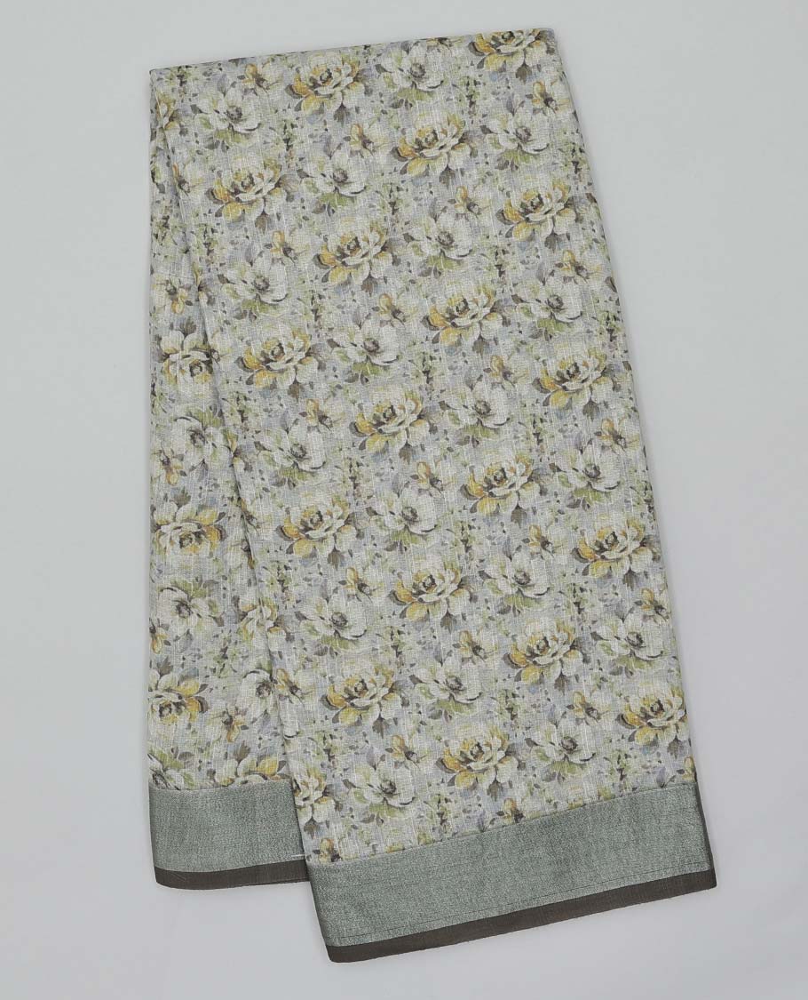 Beige floral printed semi-banaras linen saree, plain border
