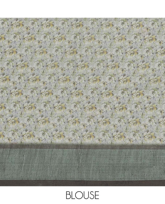 Beige floral printed semi-banaras linen saree, plain border