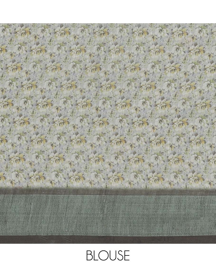 Beige floral printed semi-banaras linen saree, plain border