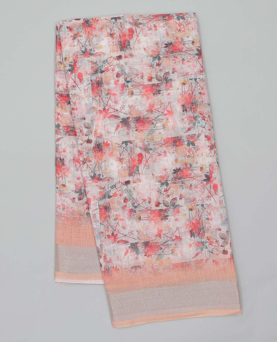 Multi-color floral & geometric printed semi-banaras linen saree, plain border