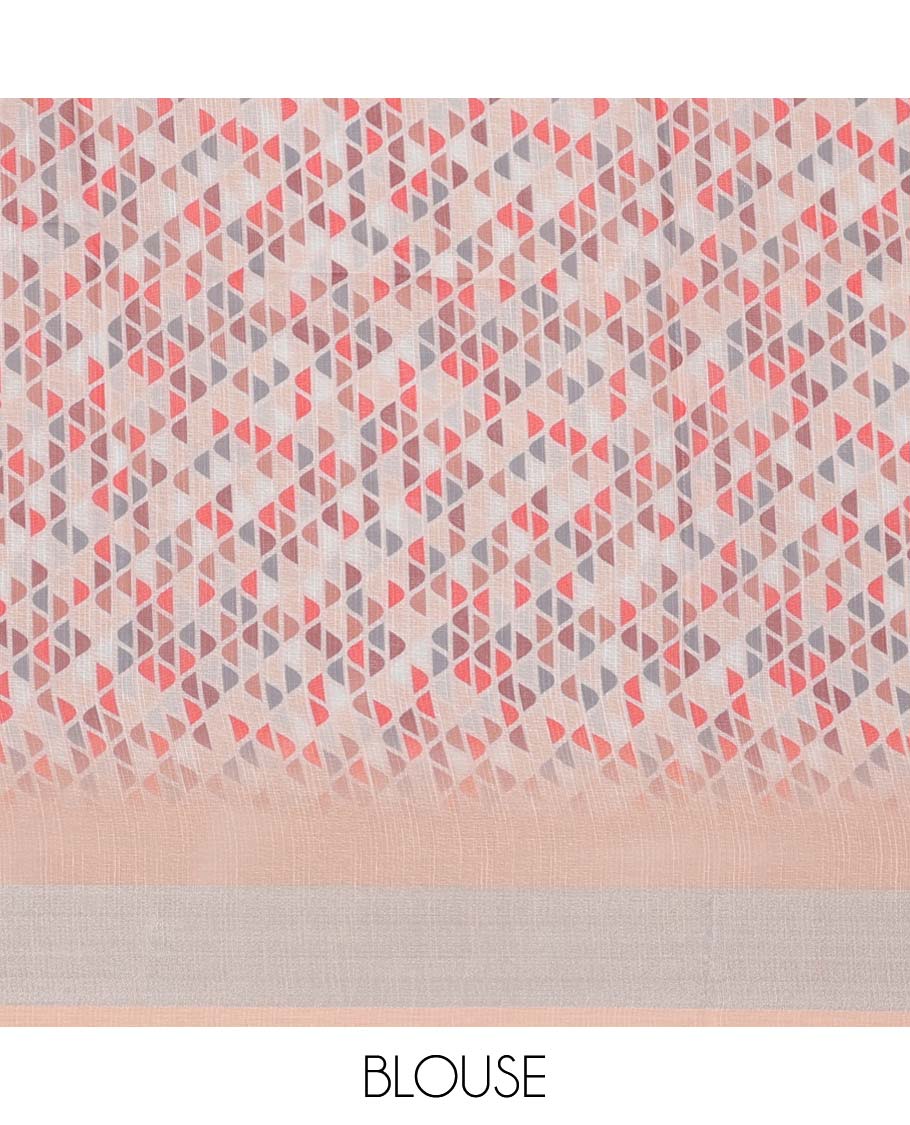 Multi-color floral & geometric printed semi-banaras linen saree, plain border