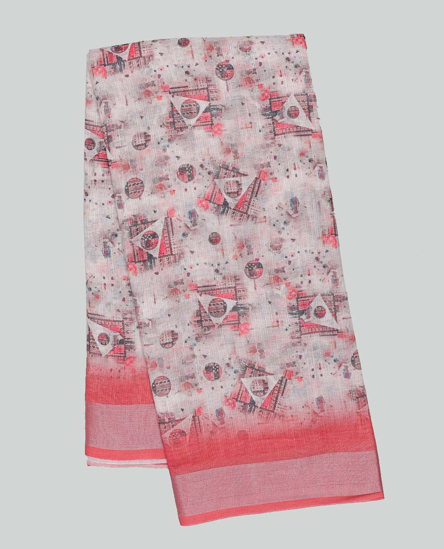 Grey unique motifs printed semi-banaras linen saree, contrast border