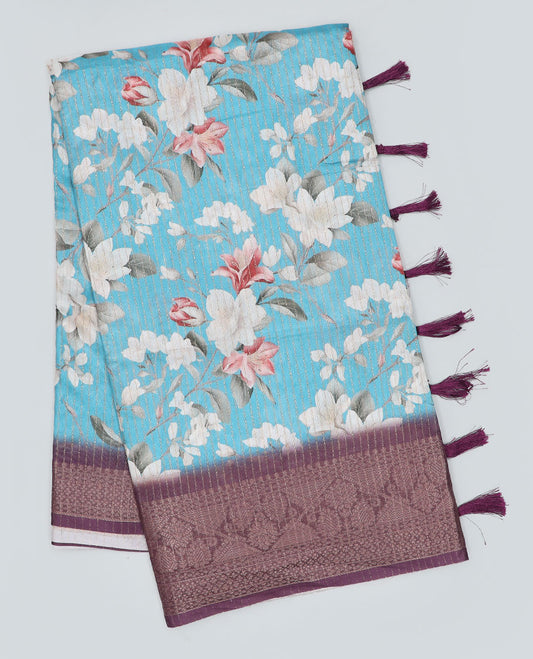 Blue floral printed & striped semi-banaras dola saree, contrast intricate border