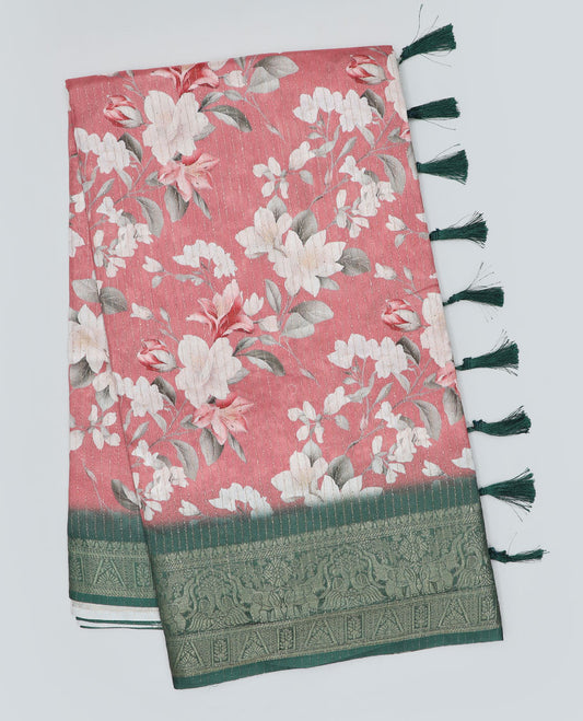 Peach floral printed & striped semi-banaras dola saree, contrast intricate border