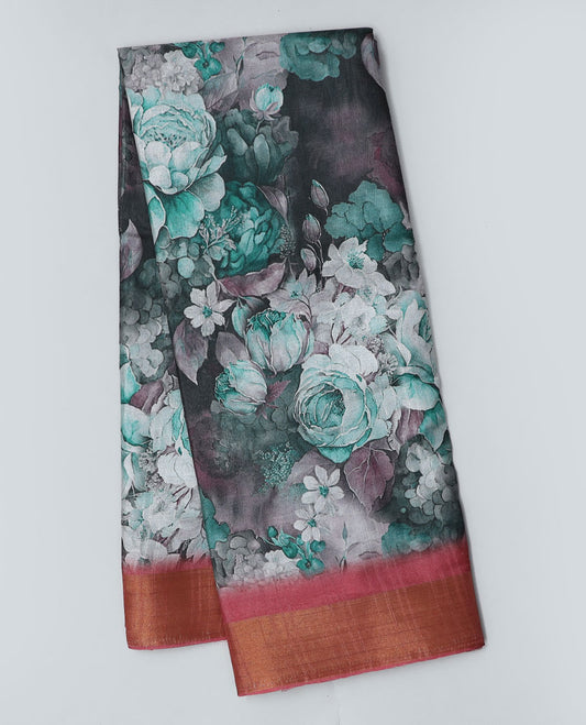 Grey floral printed semi-banaras dola saree, contrast border