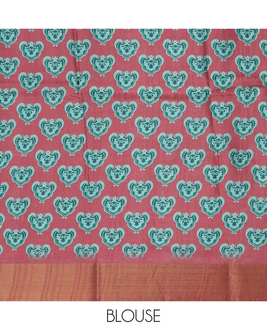 Grey floral printed semi-banaras dola saree, contrast border