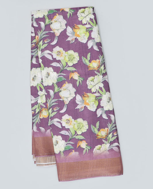 Purple floral printed semi-banaras dola saree, contrast border