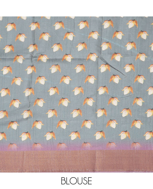 Purple floral printed semi-banaras dola saree, contrast border