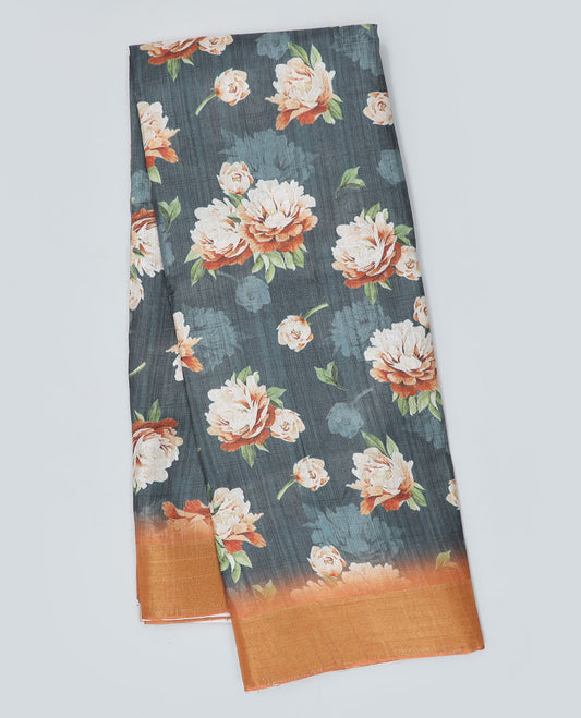 Grey floral printed semi-banaras dola saree, contrast border