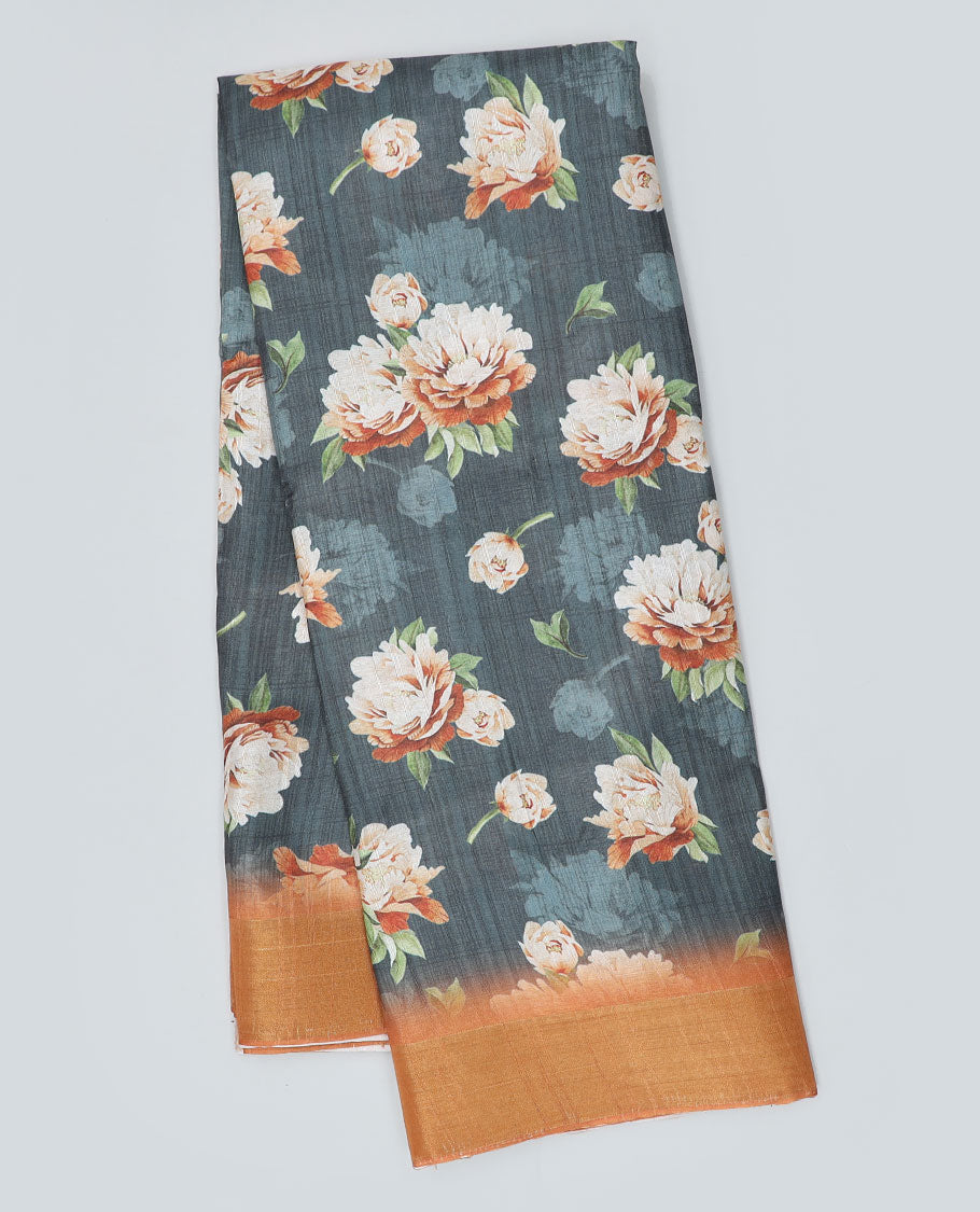 Grey floral printed semi-banaras dola saree, contrast border