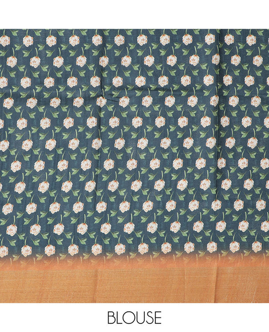 Grey floral printed semi-banaras dola saree, contrast border