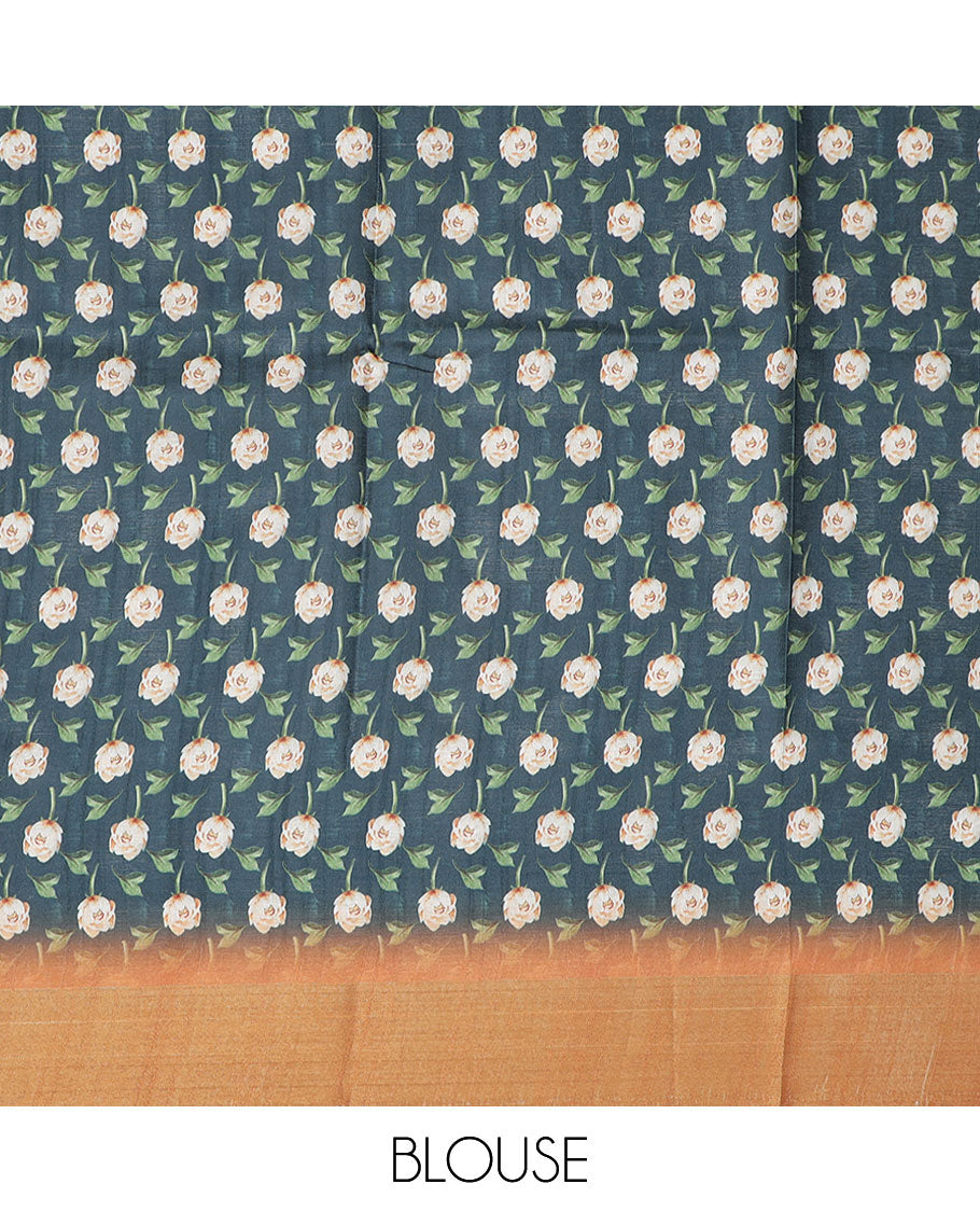 Grey floral printed semi-banaras dola saree, contrast border