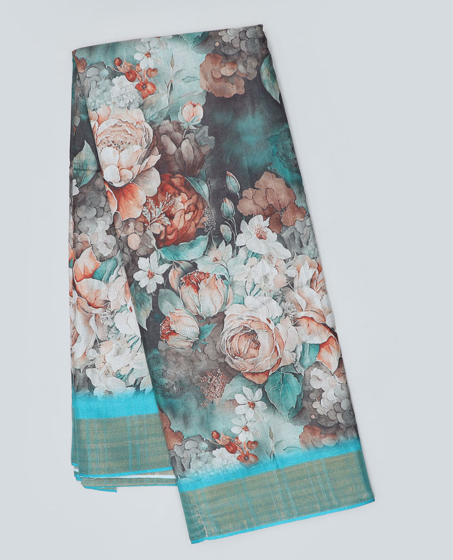 Grey floral printed semi-banaras dola saree, contrast border