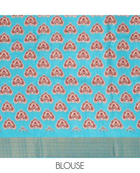 Grey floral printed semi-banaras dola saree, contrast border