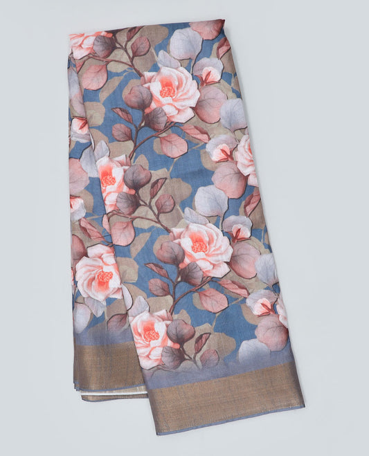 Grey floral printed semi-banaras dola saree, plain border