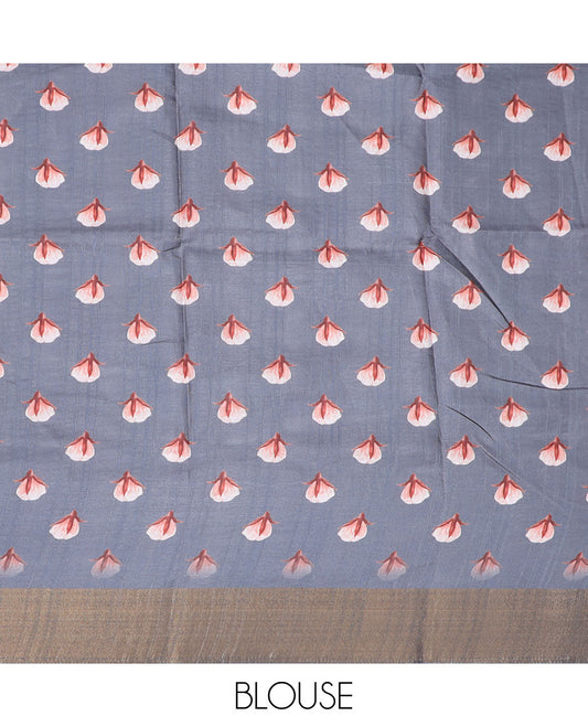 Grey floral printed semi-banaras dola saree, plain border