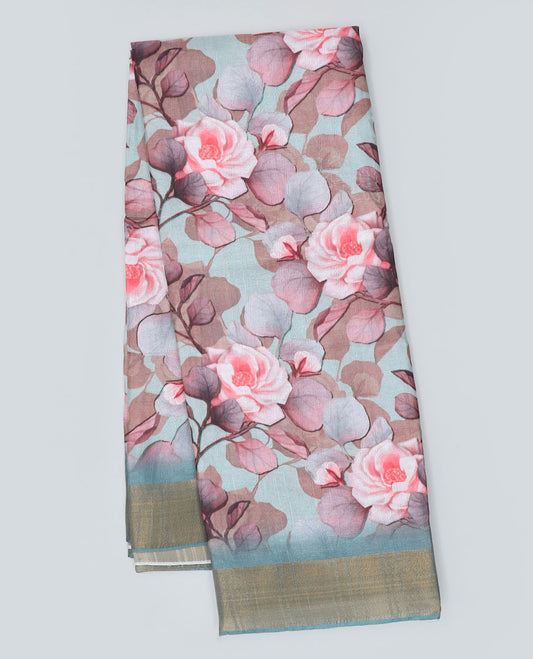 Blue floral printed semi-banaras dola saree, plain border