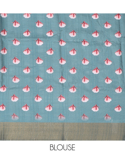 Blue floral printed semi-banaras dola saree, plain border