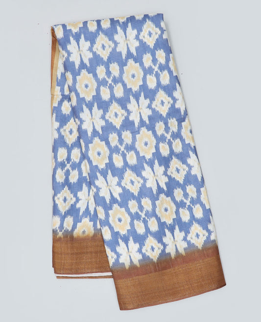 Blue ikkat printed semi-banaras dola saree, contrast border