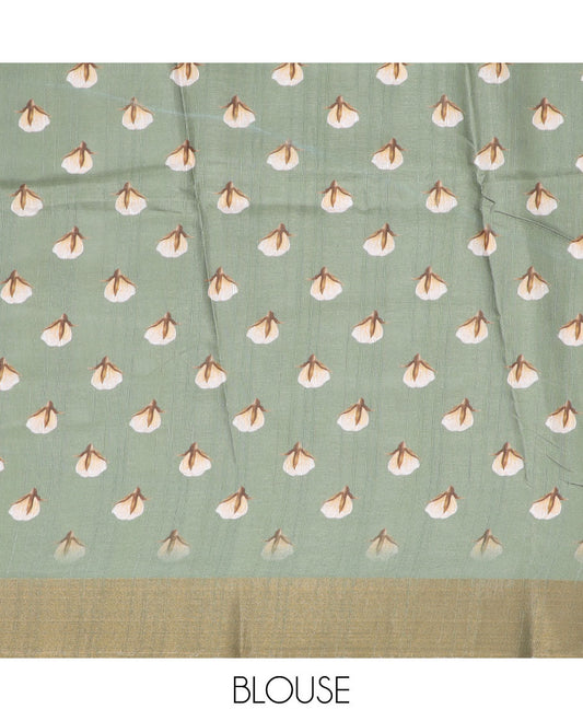 Green floral printed semi-banaras dola saree, plain border