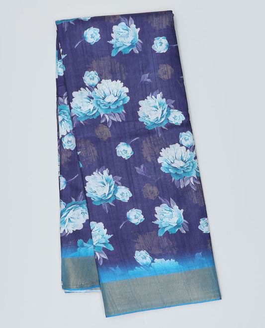Blue floral printed semi-banaras dola saree, contrast plain border