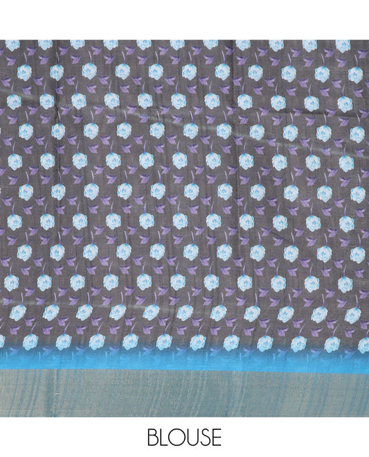 Blue floral printed semi-banaras dola saree, contrast plain border