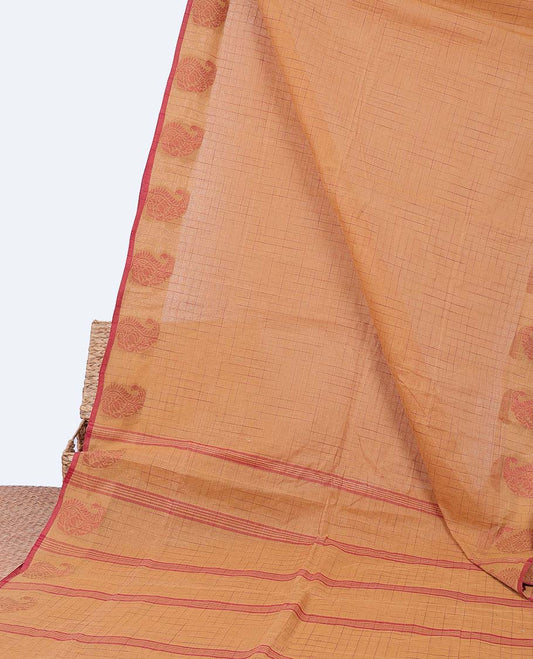 Orange geometric patterned bengal cotton saree, paisley design border & pallu of stripes