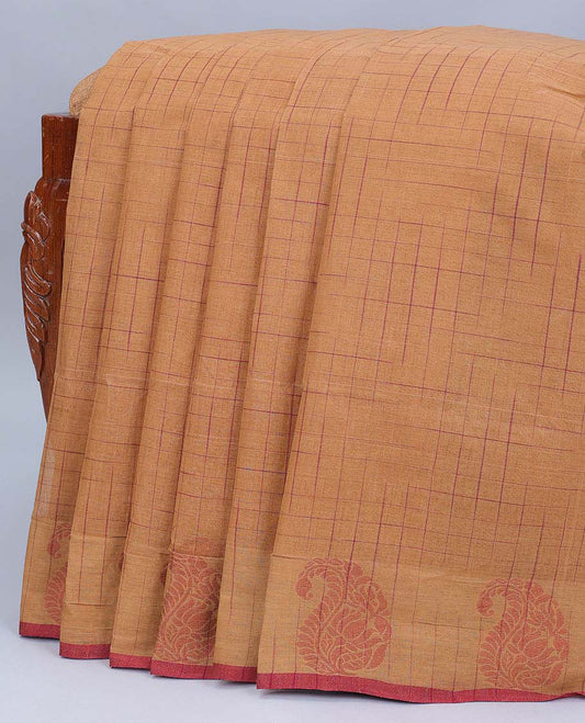 Orange geometric patterned bengal cotton saree, paisley design border & pallu of stripes