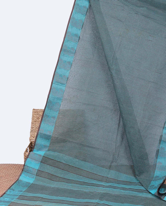 Grey checked bengal cotton saree, peacock design border