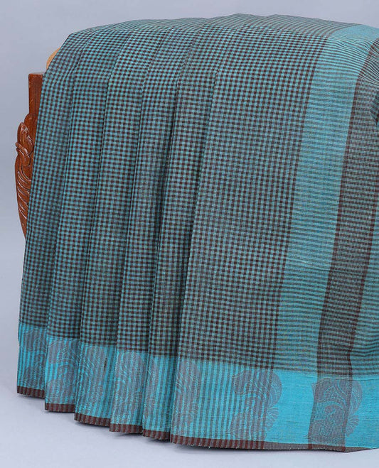 Grey checked bengal cotton saree, peacock design border