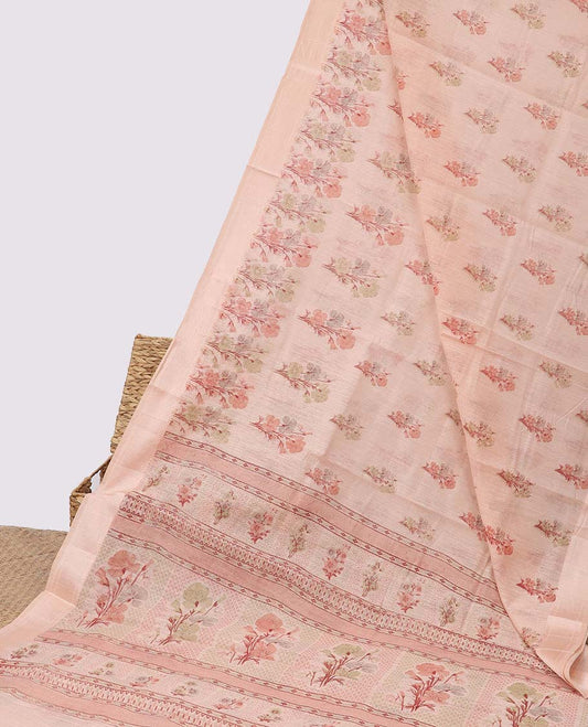 Peach floral motifs printed budget cotton saree, unique design border & floral printed pallu