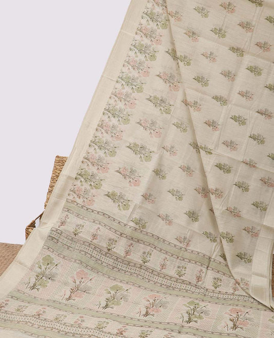 Beige floral motifs printed budget cotton saree, unique design border & floral printed pallu