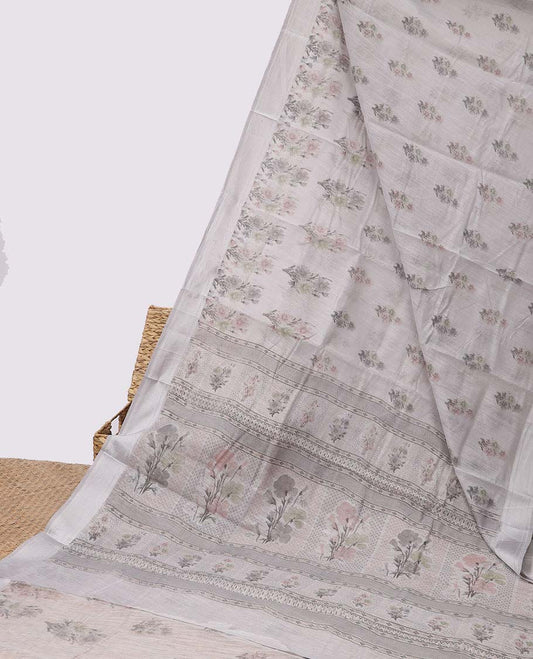 Grey floral motifs printed budget cotton saree, unique design border & floral printed pallu