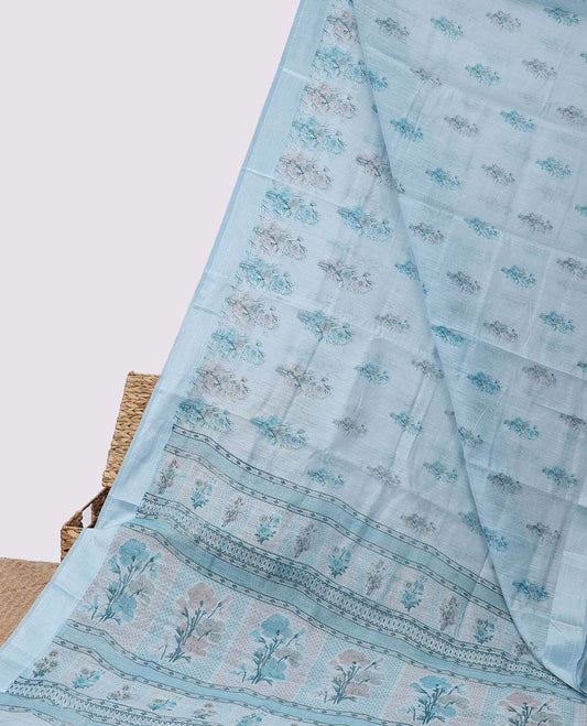 Blue floral motifs printed budget cotton saree, unique design border & floral printed pallu