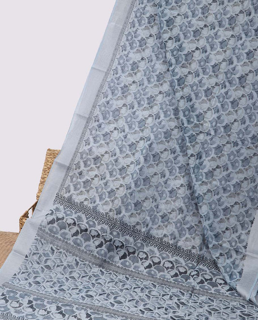 Grey scallop motifs printed budget cotton saree, plain border & geometric printed pallu