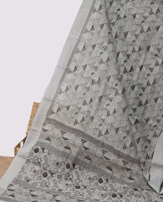 Grey triangle motifs printed budget cotton saree, plain border & geometric printed pallu