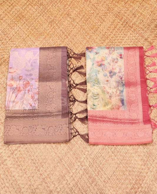 Pack of 2 combo sarees, pink & blue floral printed sarees with contrast intricately designed border & pallu