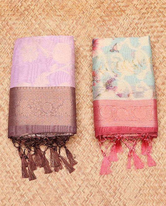 Pack of 2 combo sarees, pink & blue floral printed sarees with contrast intricately designed border & pallu