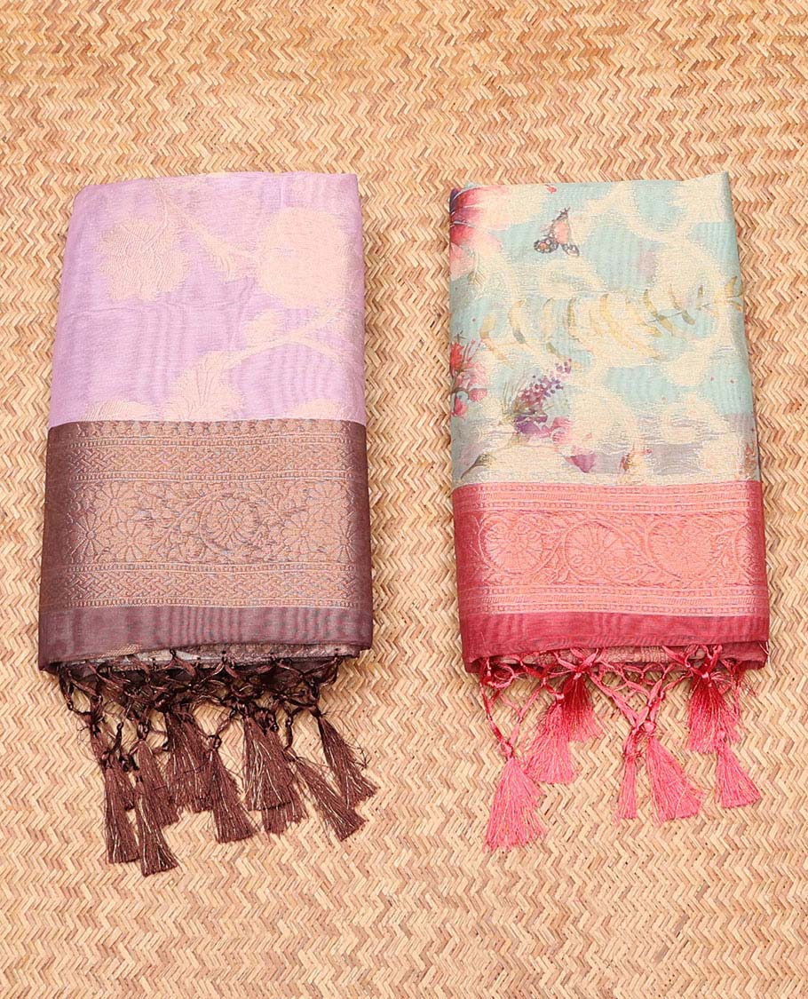 Pack of 2 combo sarees, pink & blue floral printed sarees with contrast intricately designed border & pallu