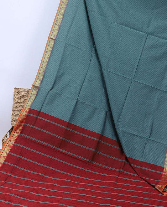 Blue striped poly cotton saree, contrast traditional design border & pallu of stripes