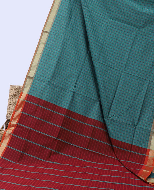 Green checked poly cotton saree, contrast border & pallu of stripes