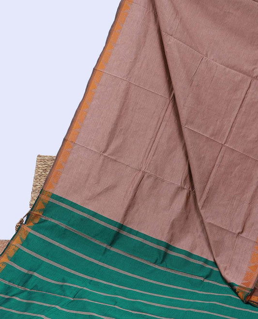 Brown plain poly cotton saree, traditional design border & contrast pallu of stripes