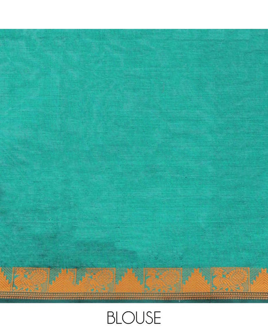 Brown plain poly cotton saree, traditional design border & contrast pallu of stripes