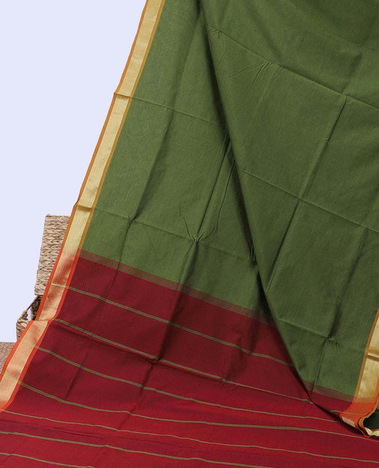 Green plain poly cotton saree, zari border & contrast pallu of stripes